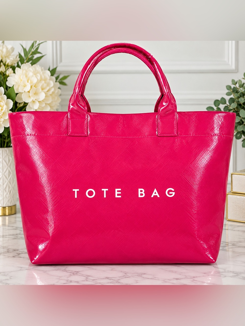 NWOT Hot Pink Glossy Coated Tote Bag – Statement Shopper / Beach & Travel Tote